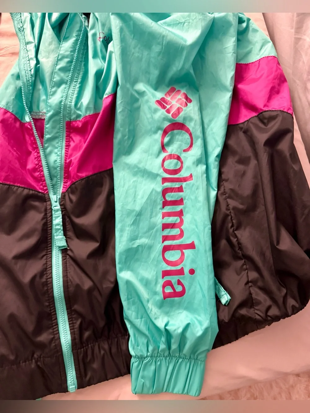 Columbia Green, Magenta & Black Colorblock- Sandy Sail Rain Jacket